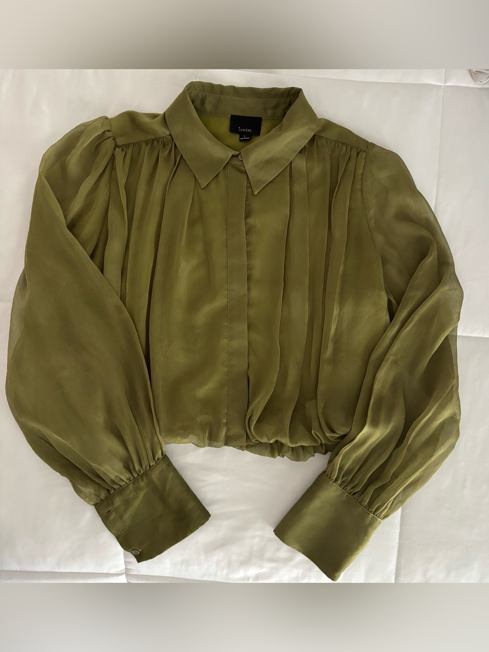 Lumière pleated chiffon cropped blouse moss green Size Large